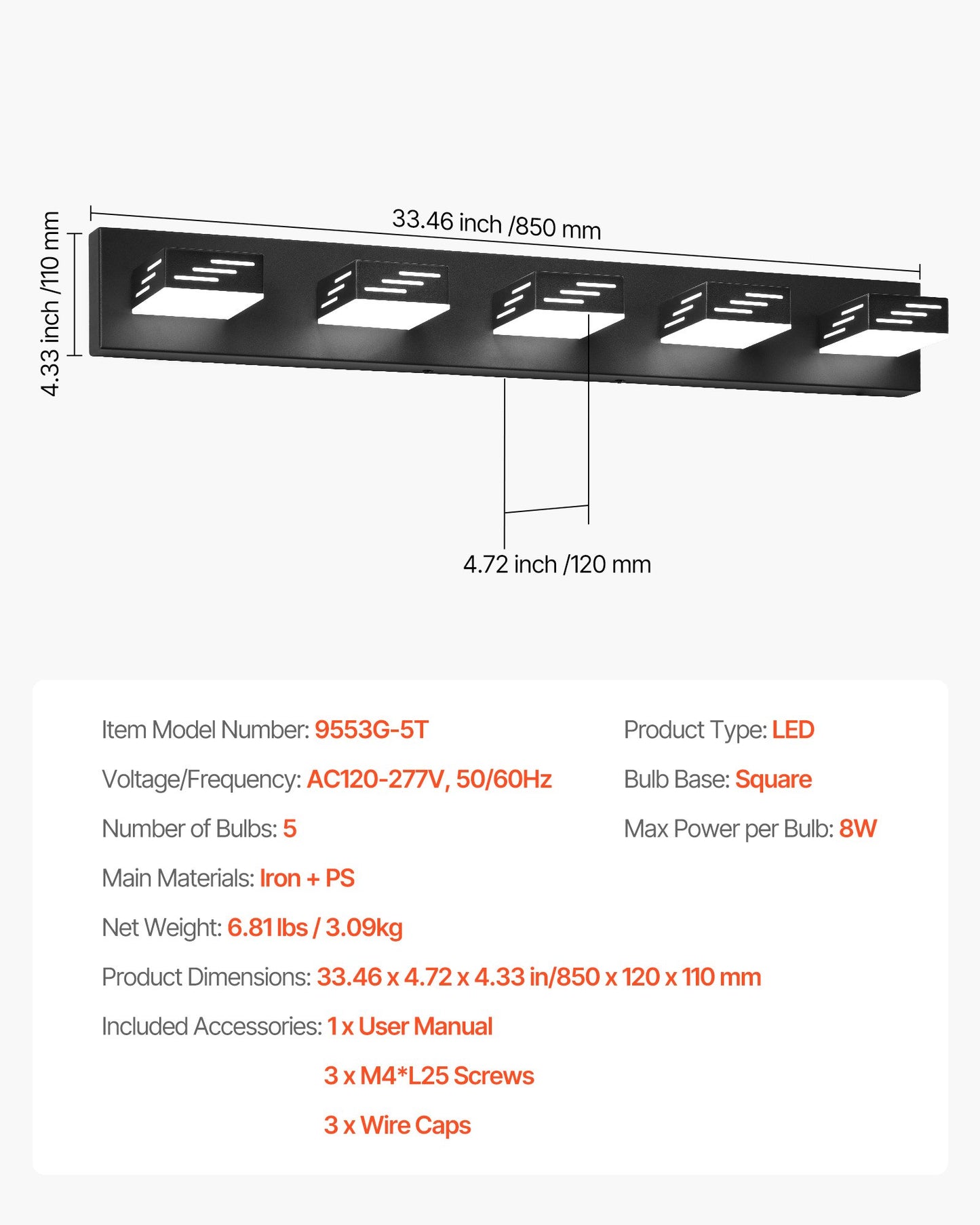 5-Light LED Modern Vanity Light Fixtures, 33.46-Inch, Black Finish Bathroom Wall Lighting Fixture Over Mirror, with IP44 Waterproof, for Bathroom, Living Room, Bedroom, Hallway, Cool White 6000K