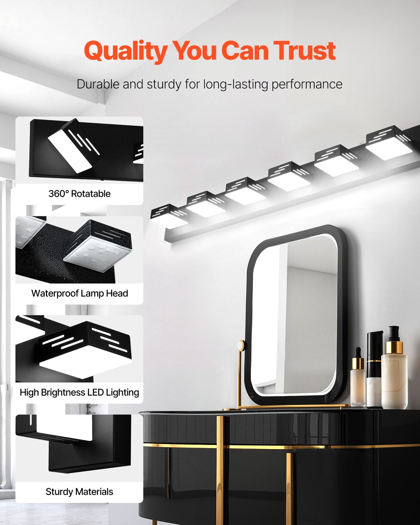 6-Light LED Modern Vanity Light Fixtures, 40.35-Inch, Black Finish Bathroom Wall Lighting Fixture Over Mirror, with IP44 Waterproof, for Bathroom, Living Room, Bedroom, Hallway, Cool White 6000K