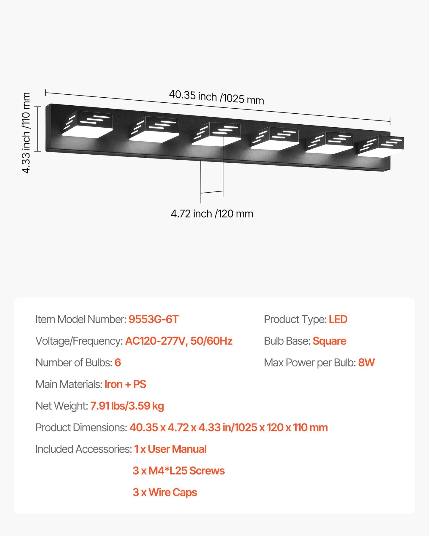 6-Light LED Modern Vanity Light Fixtures, 40.35-Inch, Black Finish Bathroom Wall Lighting Fixture Over Mirror, with IP44 Waterproof, for Bathroom, Living Room, Bedroom, Hallway, Cool White 6000K