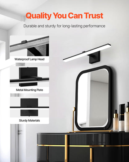 Bathroom Vanity Light Bar, 24.02-Inch, LED Modern Light Fixture Over Mirror, with 360° Rotatable, IP44 Waterproof, 18W, 6000K, Wall Lighting for Bathroom, Living Room, Bedroom, Hallway, Black