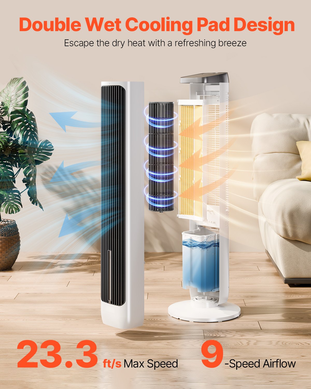 Tower Fan, 23.3ft/s Velocity Quiet Floor Fan, 70° Oscillating Fans for Indoors with 9 Speeds, 4 Modes, 24H Timer, Portable Standing Bladeless Fan with Remote Control for Bedroom, Office, Home