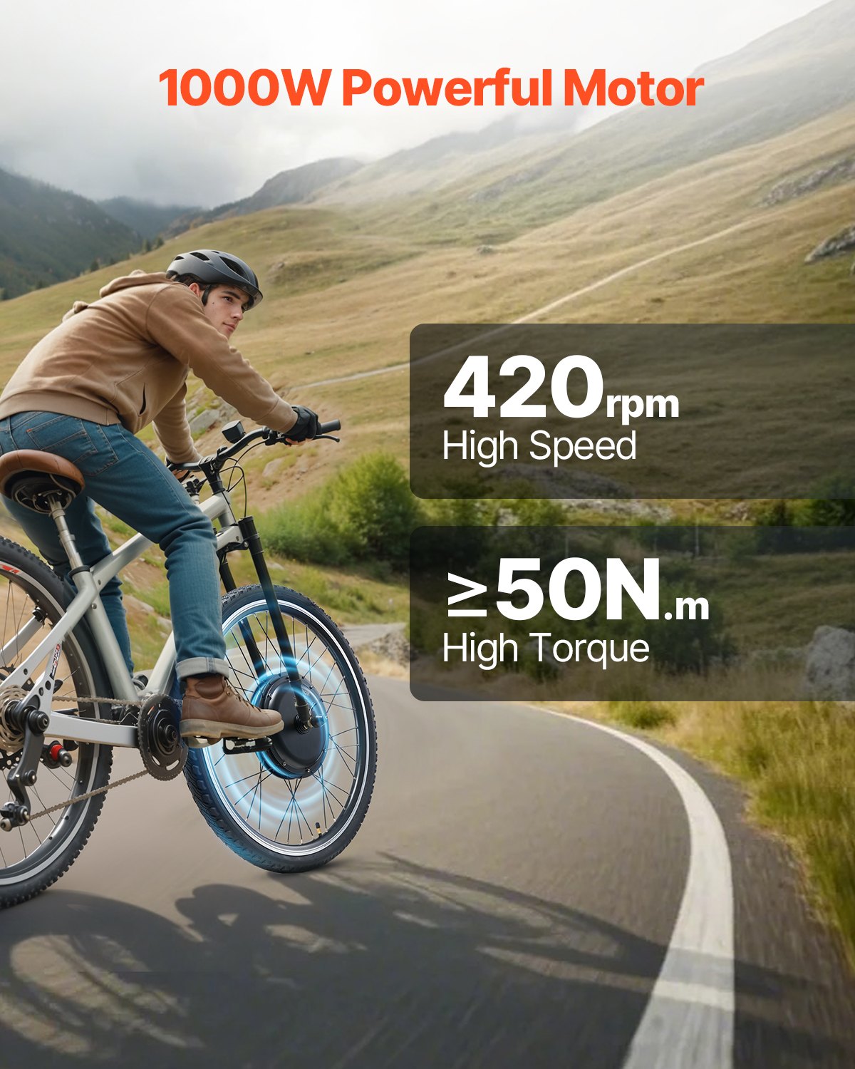 1000W Electric Bike Conversion Kit, 48V 420rpm 26" Front Wheel E-Bike Hub Motor Kit with Upgraded Speed Controller, Throttle Grip Kit, LCD Display, and PAS System for Road Bike