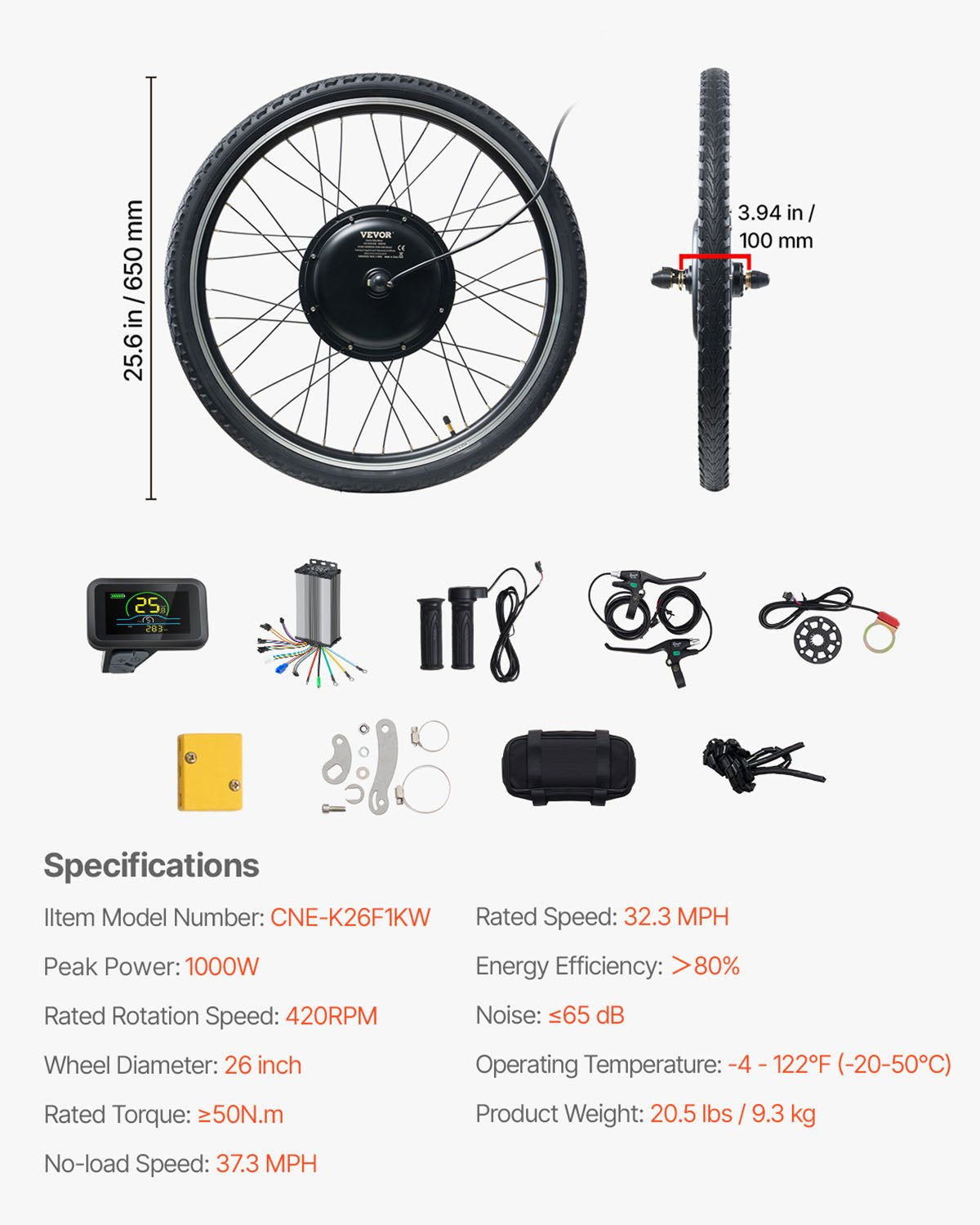 1000W Electric Bike Conversion Kit, 48V 420rpm 26" Front Wheel E-Bike Hub Motor Kit with Upgraded Speed Controller, Throttle Grip Kit, LCD Display, and PAS System for Road Bike