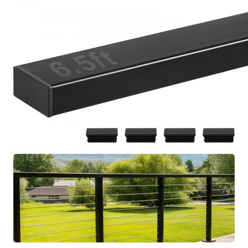 6.5 ft Stainless Steel Handrail, Rectangular Top Stair Deck Hand Rail for Outdoor/Indoor Steps with End Cap,Matte Black Coating Adjustable Metal Stair Rail for Cable Railing Kit