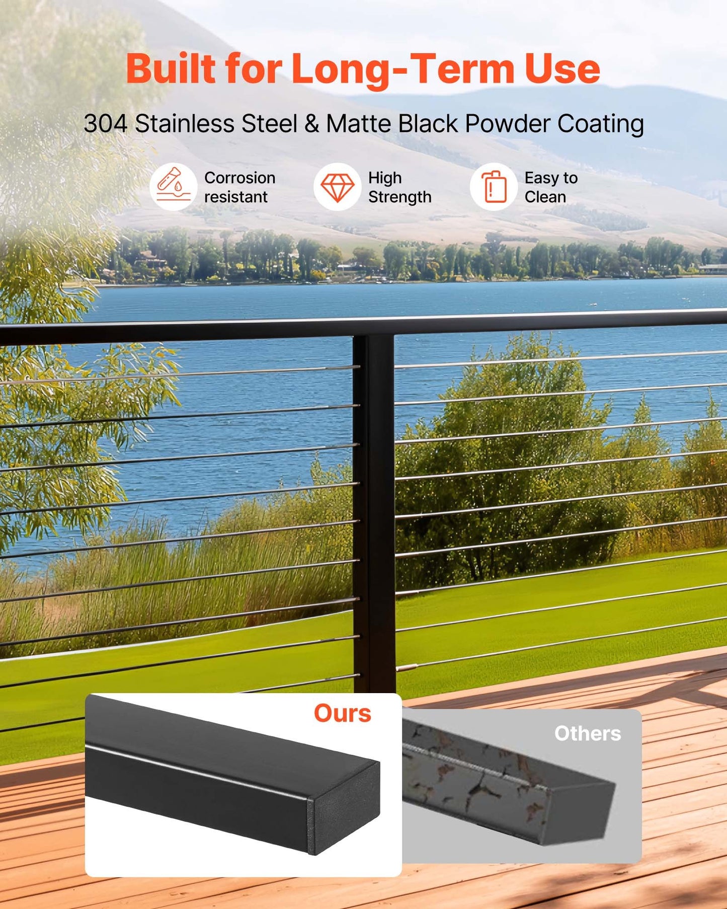 6.5 ft Stainless Steel Handrail, Rectangular Top Stair Deck Hand Rail for Outdoor/Indoor Steps with End Cap,Matte Black Coating Adjustable Metal Stair Rail for Cable Railing Kit