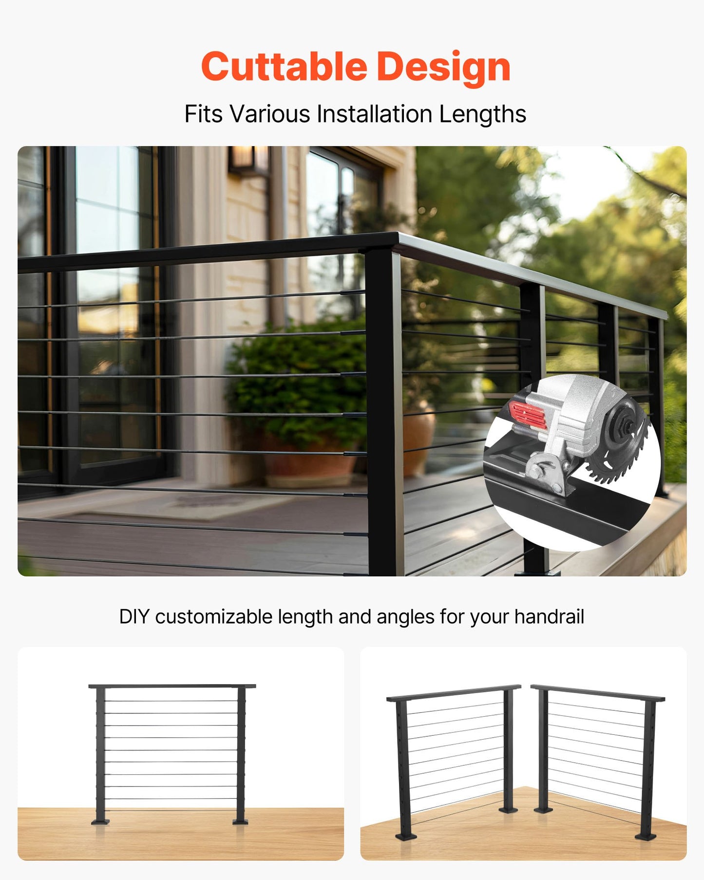 6.5 ft Stainless Steel Handrail, Rectangular Top Stair Deck Hand Rail for Outdoor/Indoor Steps with End Cap,Matte Black Coating Adjustable Metal Stair Rail for Cable Railing Kit