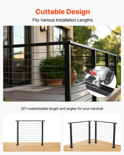 6.5 ft Stainless Steel Handrail, Rectangular Top Stair Deck Hand Rail for Outdoor/Indoor Steps with End Cap,Matte Black Coating Adjustable Metal Stair Rail for Cable Railing Kit