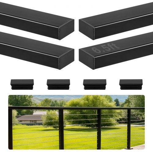 4 Pack 6.5 ft Stainless Steel Handrail, Rectangular Top Stair Deck Hand Rail for Outdoor/Indoor Steps with End Cap,Matte Black Coating Adjustable Metal Stair Rail for Cable Railing Kit