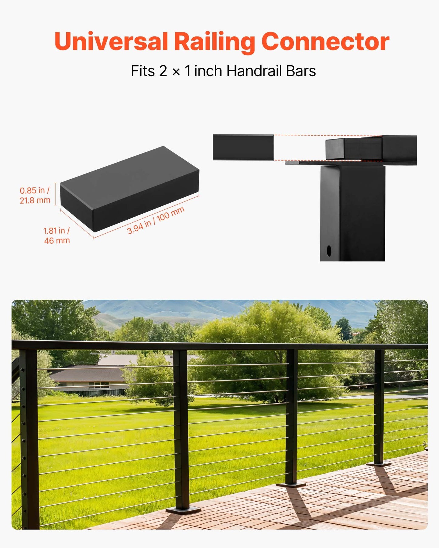 2 Pack Handrail Connectors, Flat Extension Stair Railing Accessories, POM Hand Rail Connector Fittings for Rectangular Cable Railing, Deck Cable Rail System Outdoor, Matte Black, HT-04