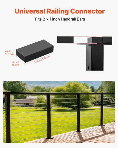 2 Pack Handrail Connectors, Flat Extension Stair Railing Accessories, POM Hand Rail Connector Fittings for Rectangular Cable Railing, Deck Cable Rail System Outdoor, Matte Black, HT-04