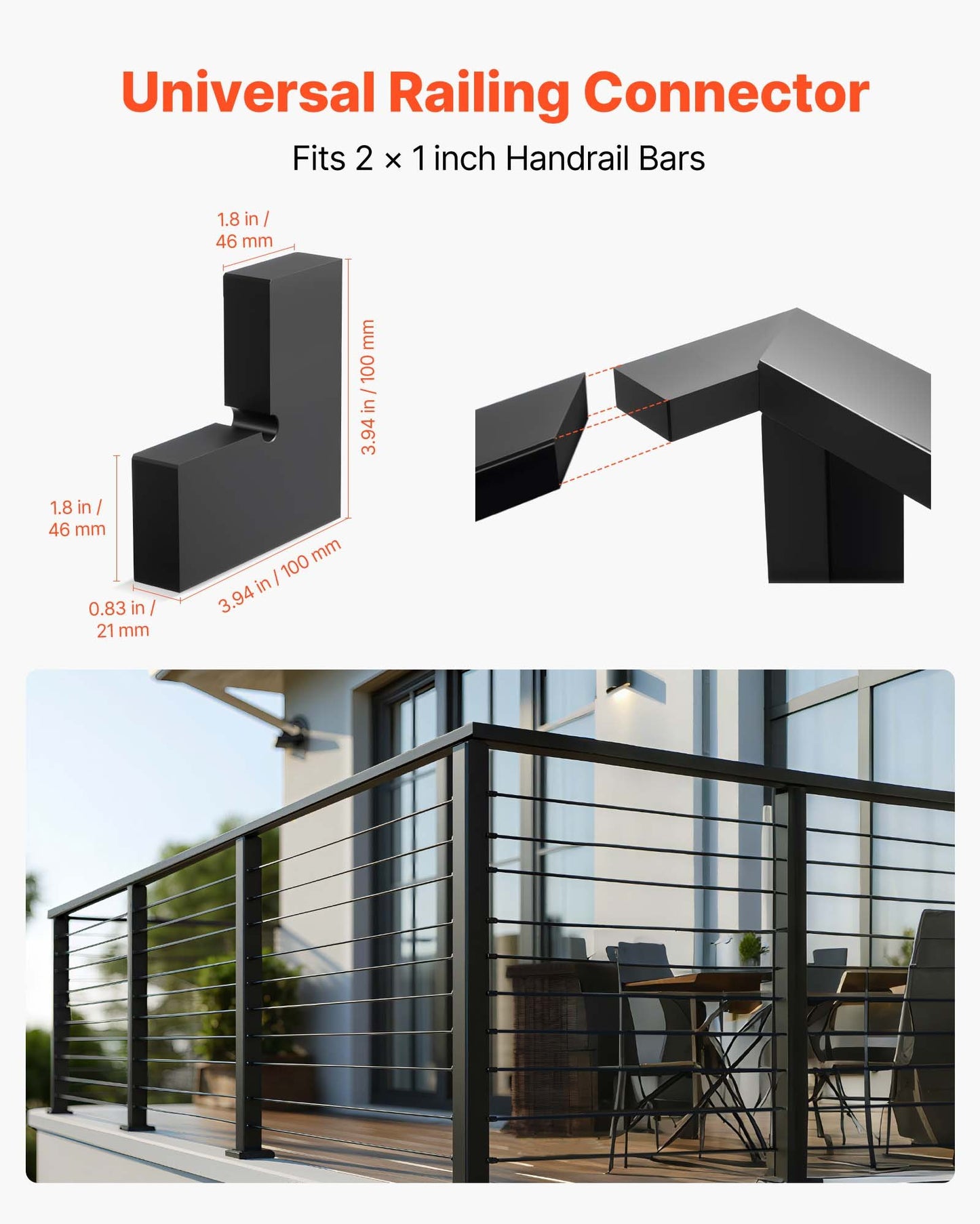 2 Pack Corner Connectors for Handrail, Extension Stair Railing Accessories, POM Hand Rail Connector Fittings for Rectangular Cable Railing, Deck Cable Rail System Outdoor, Matte Black, HT-05