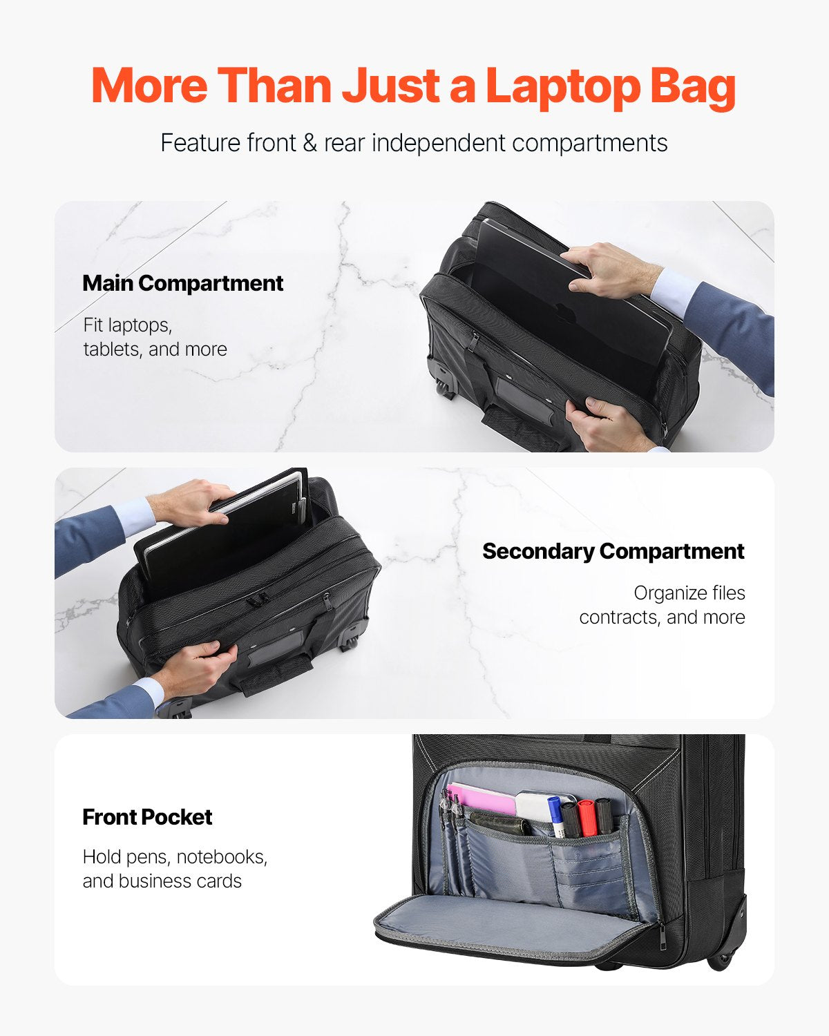 Rolling Laptop Bag, Fits Up to 15.6 Inch Laptop, Wheeled Briefcase, Roller Computer Tote Bag with Wheels & Telescoping Handle, Laptop Case for Work Travel Business Office, Women & Men (Black)