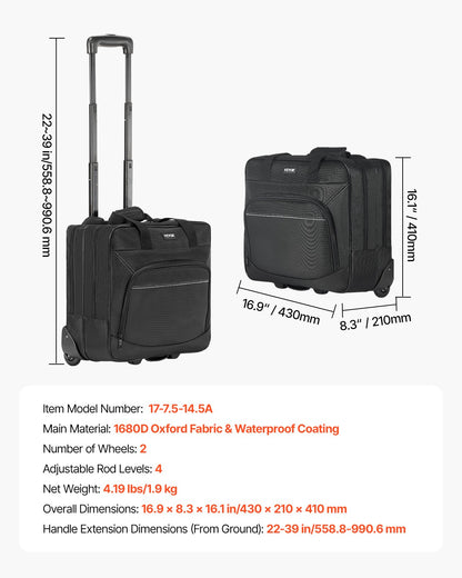 Rolling Laptop Bag, Fits Up to 15.6 Inch Laptop, Wheeled Briefcase, Roller Computer Tote Bag with Wheels & Telescoping Handle, Laptop Case for Work Travel Business Office, Women & Men (Black)