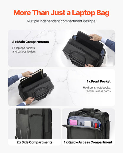 Rolling Laptop Bag, Fits Up to 17.3 Inch Laptop, Wheeled Briefcase, Roller Computer Tote Bag with Wheels & Telescoping Handle, Laptop Case for Work Travel Business Office, Women & Men (Black)