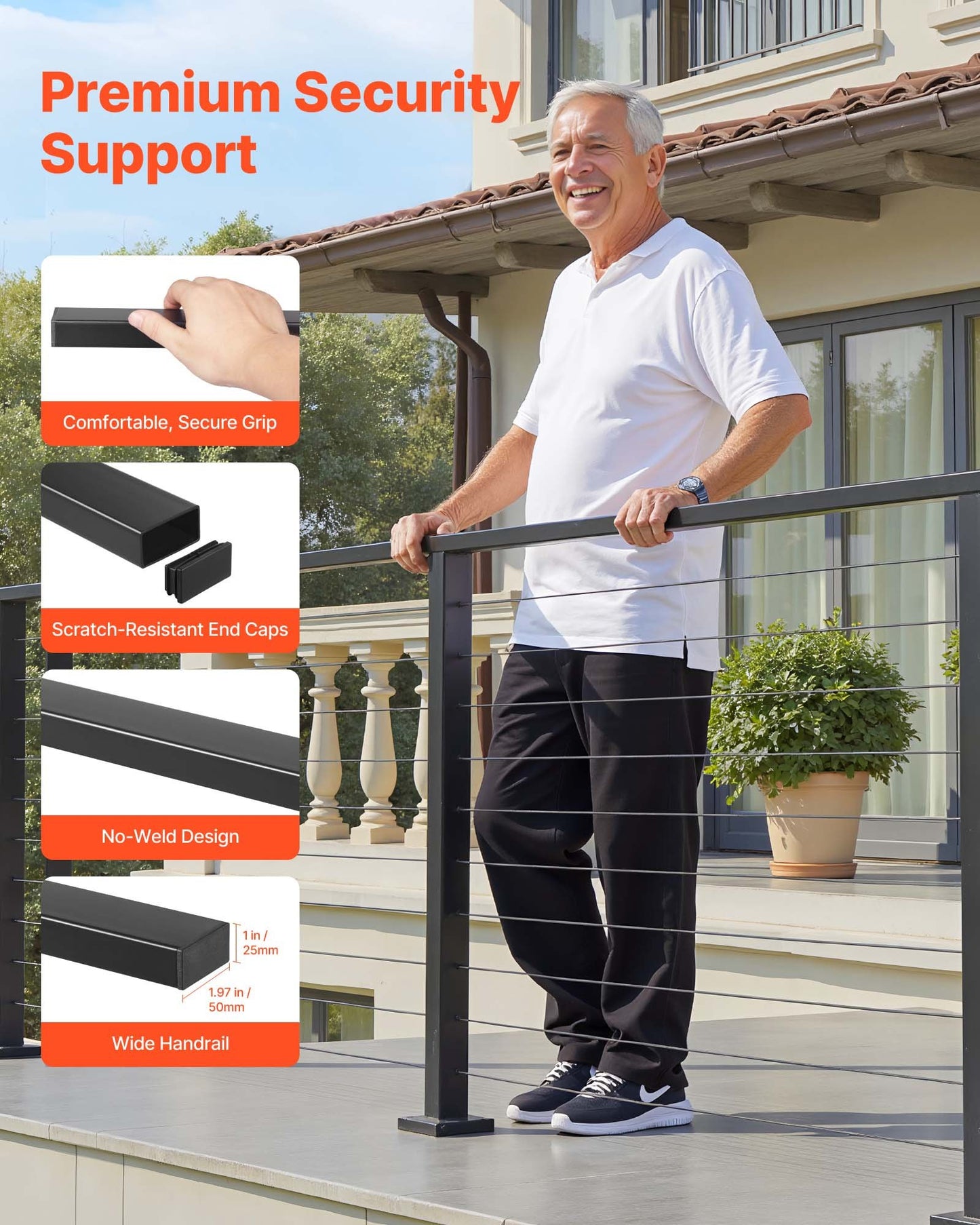6.5 ft Complete Cable Railing Kit with Post, 35 inch Tall Matte Black Stainless Steel Handrail Cuttable for Outdoor/Indoor Steps, Level Hole Drilled Railing Posts System for Stairs,Deck,Balcony