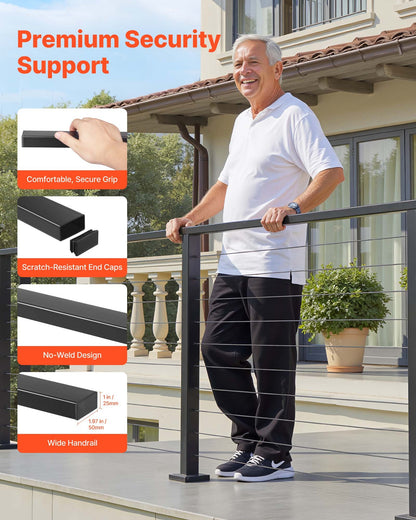 6.5 ft Complete Cable Railing Kit with Post, 35 inch Tall Matte Black Stainless Steel Handrail Cuttable for Outdoor/Indoor Steps, Level Hole Drilled Railing Posts System for Stairs,Deck,Balcony