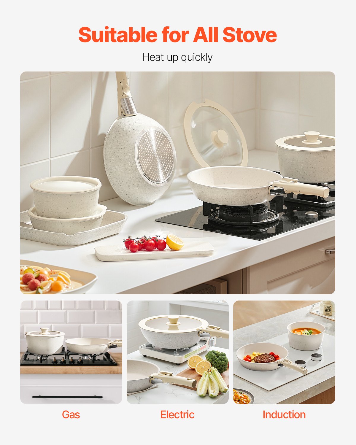 17 Piece Pots and Pans Set Nonstick, Detachable Handle Cookware, Space Saving Induction cookware set, Kitchen RV Cooking Sets, with Frying, Sauce, Saute, Tempered Glass Lids, Oven Safe, White