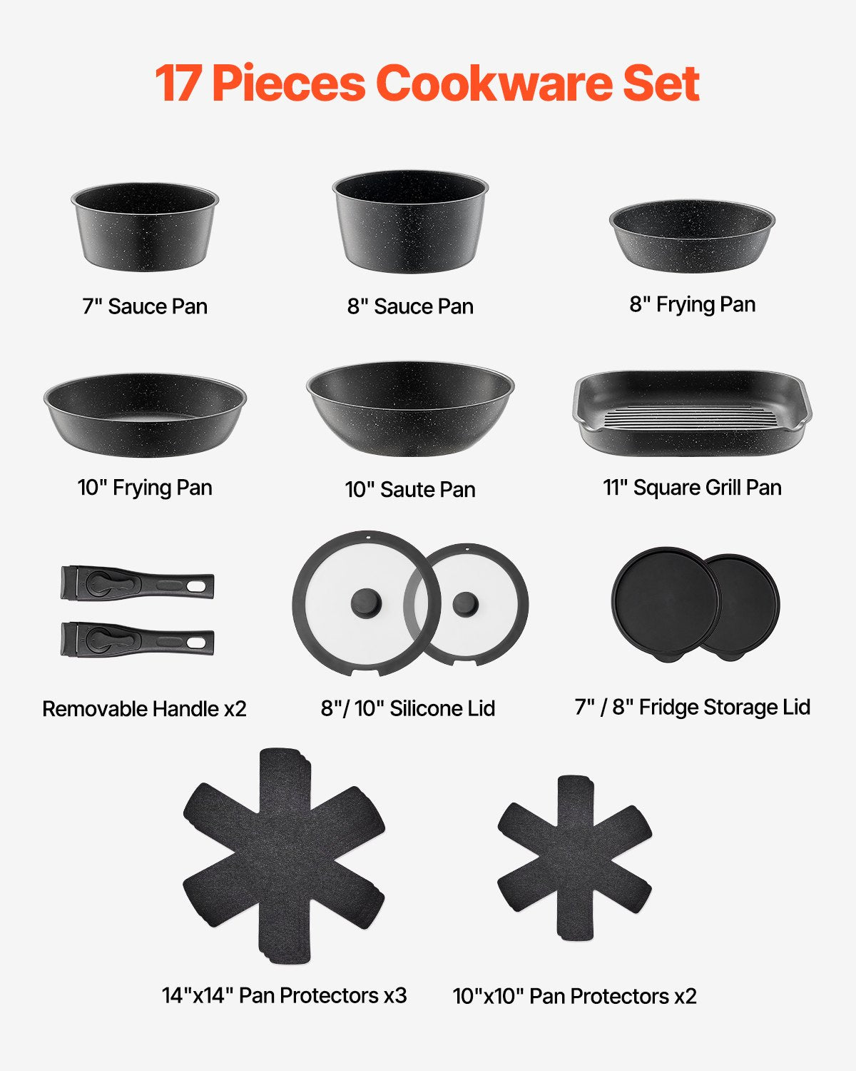 17 Piece Pots and Pans Set, Granite Nonstick Detachable Handle Cookware, Space Saving Induction Cookwares, Kitchen RV Cooking Sets with Frying, Sauce, Saute, Tempered Glass Lid, Oven Safe, Black