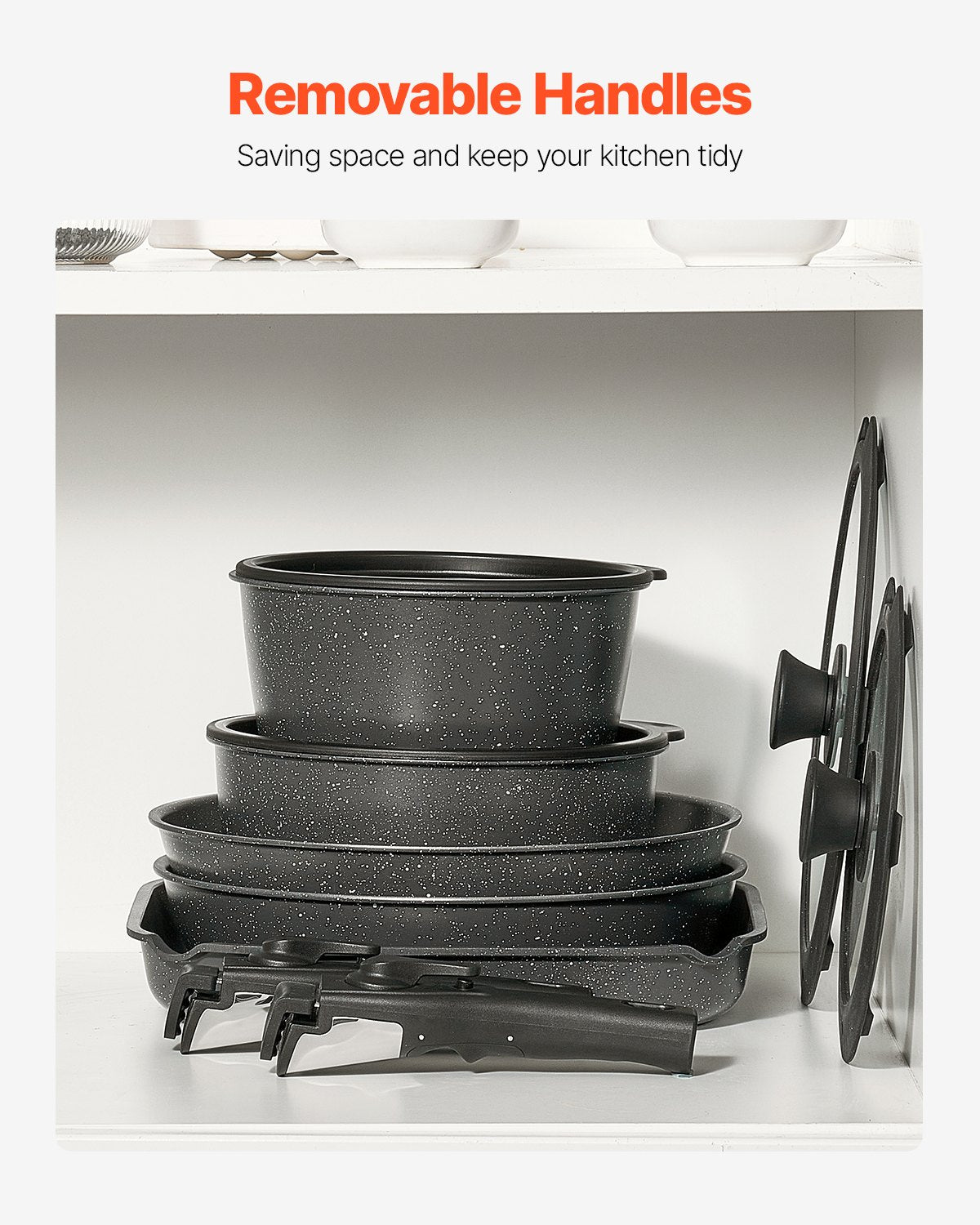 17 Piece Pots and Pans Set, Granite Nonstick Detachable Handle Cookware, Space Saving Induction Cookwares, Kitchen RV Cooking Sets with Frying, Sauce, Saute, Tempered Glass Lid, Oven Safe, Black