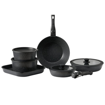 17 Piece Pots and Pans Set, Granite Nonstick Detachable Handle Cookware, Space Saving Induction Cookwares, Kitchen RV Cooking Sets with Frying, Sauce, Saute, Tempered Glass Lid, Oven Safe, Black