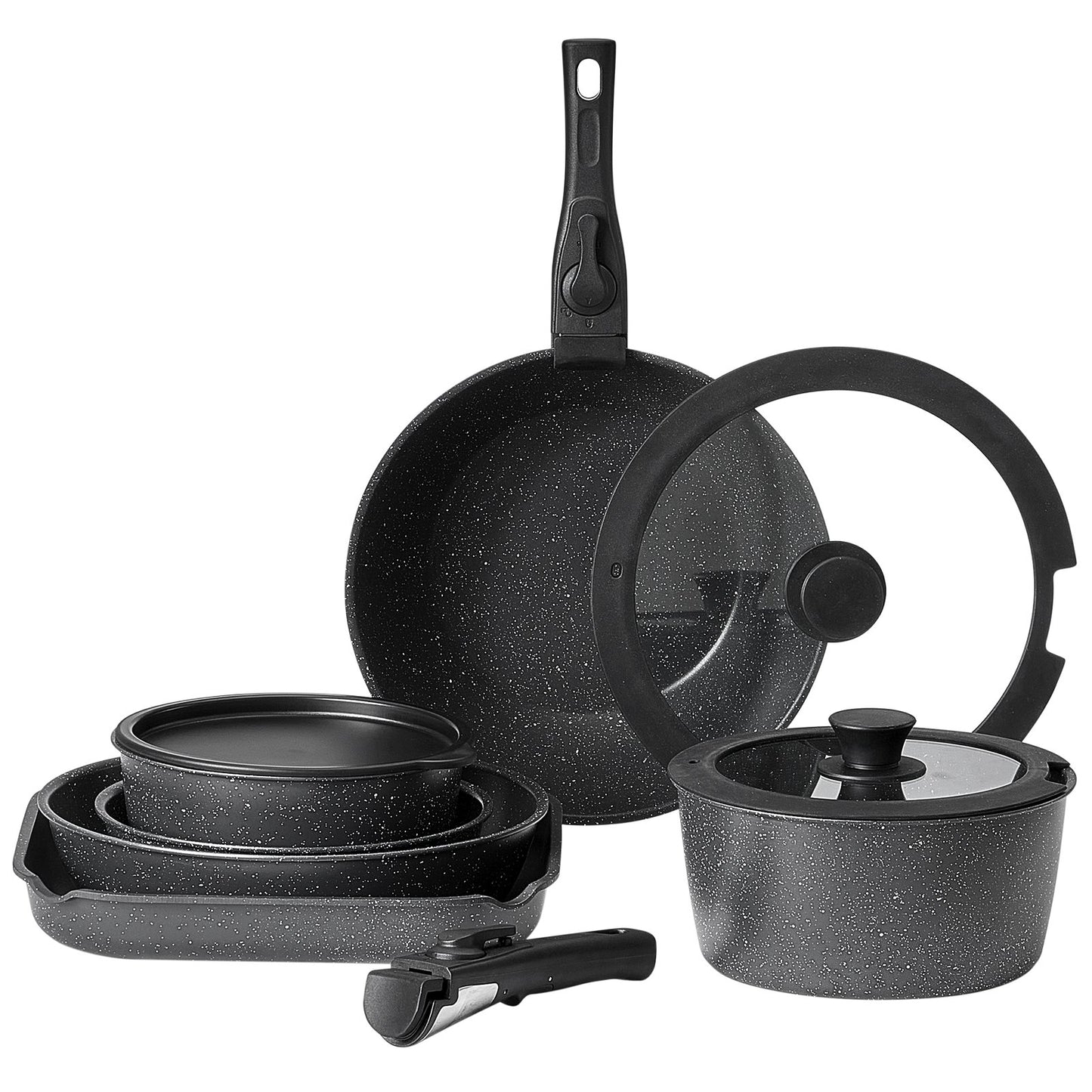 17 Piece Pots and Pans Set, Granite Nonstick Detachable Handle Cookware, Space Saving Induction Cookwares, Kitchen RV Cooking Sets with Frying, Sauce, Saute, Tempered Glass Lid, Oven Safe, Black