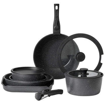 17 Piece Pots and Pans Set, Granite Nonstick Detachable Handle Cookware, Space Saving Induction Cookwares, Kitchen RV Cooking Sets with Frying, Sauce, Saute, Tempered Glass Lid, Oven Safe, Black
