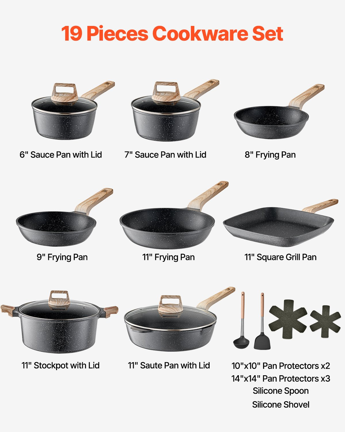 19 Piece Pots and Pans Set, Granite Nonstick Cookware Set, Induction Cookwares, Kitchen RV Cooking Sets with Frying, Sauce, Saute, Tempered Glass Lids, and Pan Protectors, Black