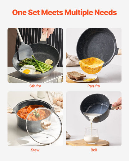19 Piece Pots and Pans Set, Granite Nonstick Cookware Set, Induction Cookwares, Kitchen RV Cooking Sets with Frying, Sauce, Saute, Tempered Glass Lids, and Pan Protectors, Black