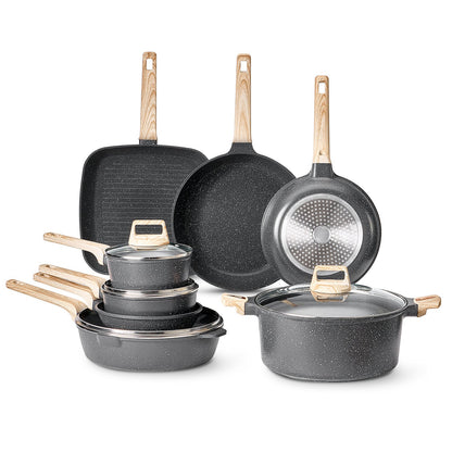 19 Piece Pots and Pans Set, Granite Nonstick Cookware Set, Induction Cookwares, Kitchen RV Cooking Sets with Frying, Sauce, Saute, Tempered Glass Lids, and Pan Protectors, Black