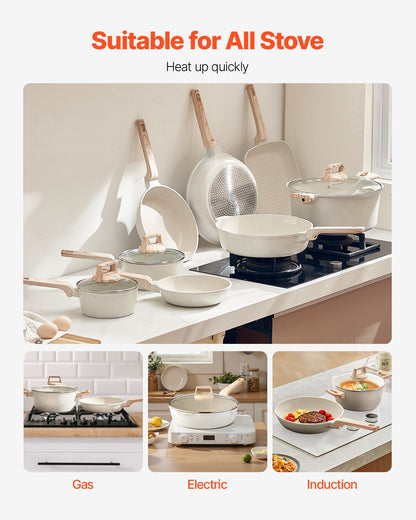 19 Piece Pots and Pans Set Nonstick, Granite Cookware Set, Induction Cookwares, Kitchen RV Cooking Sets with Frying, Sauce, Saute, Tempered Glass Lids, and Pan Protectors, White