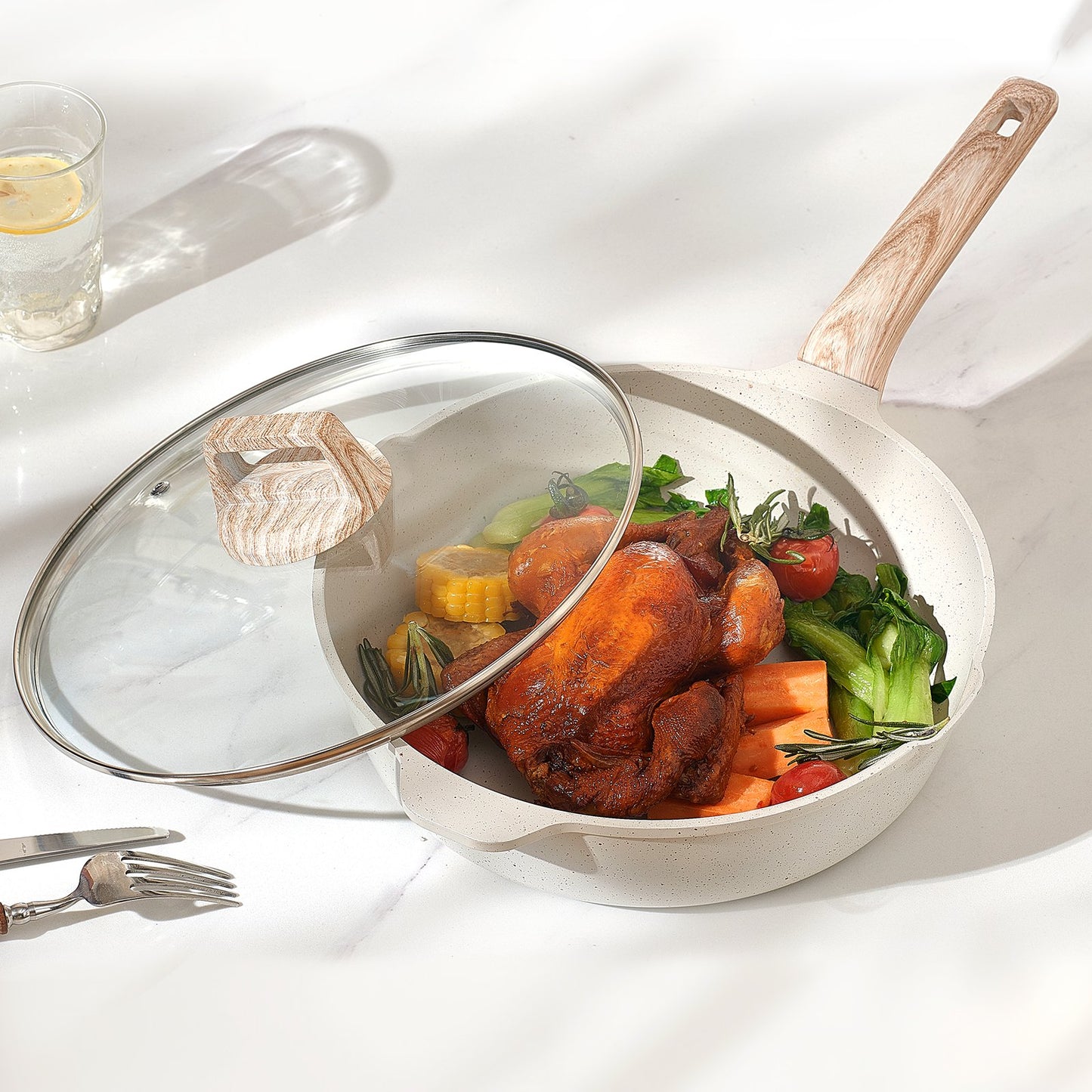 19 Piece Pots and Pans Set Nonstick, Granite Cookware Set, Induction Cookwares, Kitchen RV Cooking Sets with Frying, Sauce, Saute, Tempered Glass Lids, and Pan Protectors, White