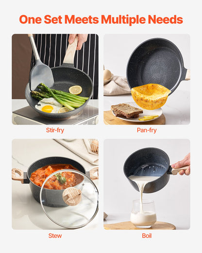 17 Piece Pots and Pans Set Nonstick, Granite Cookware Set, Induction Cookwares, Kitchen RV Cooking Sets with Frying, Sauce, Saute, Tempered Glass Lids, and Pan Protectors, Black