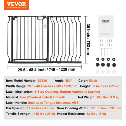 Baby Gate, 29.5"-48.4" Extra Wide, 30" High, Dog Gate for Stairs Doorways and House, Easy Step Walk Thru Auto Close Child Gate Pet Security Gate with Pressure Mount Kit and Wall Mount Kit, Black