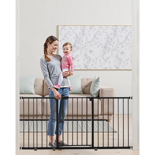 Baby Gate, 60.6-63.3 Inches Adjustable Width, 30 Inches High Dog Gate, Easy Step Walk Thru, for Child Pet Security, Pressure Mount Kit, Wall Cups, One-Hand Open, for Stairs and Doorways, Black