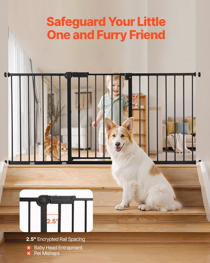 Baby Gate, 60.6-63.3 Inches Adjustable Width, 30 Inches High Dog Gate, Easy Step Walk Thru, for Child Pet Security, Pressure Mount Kit, Wall Cups, One-Hand Open, for Stairs and Doorways, Black