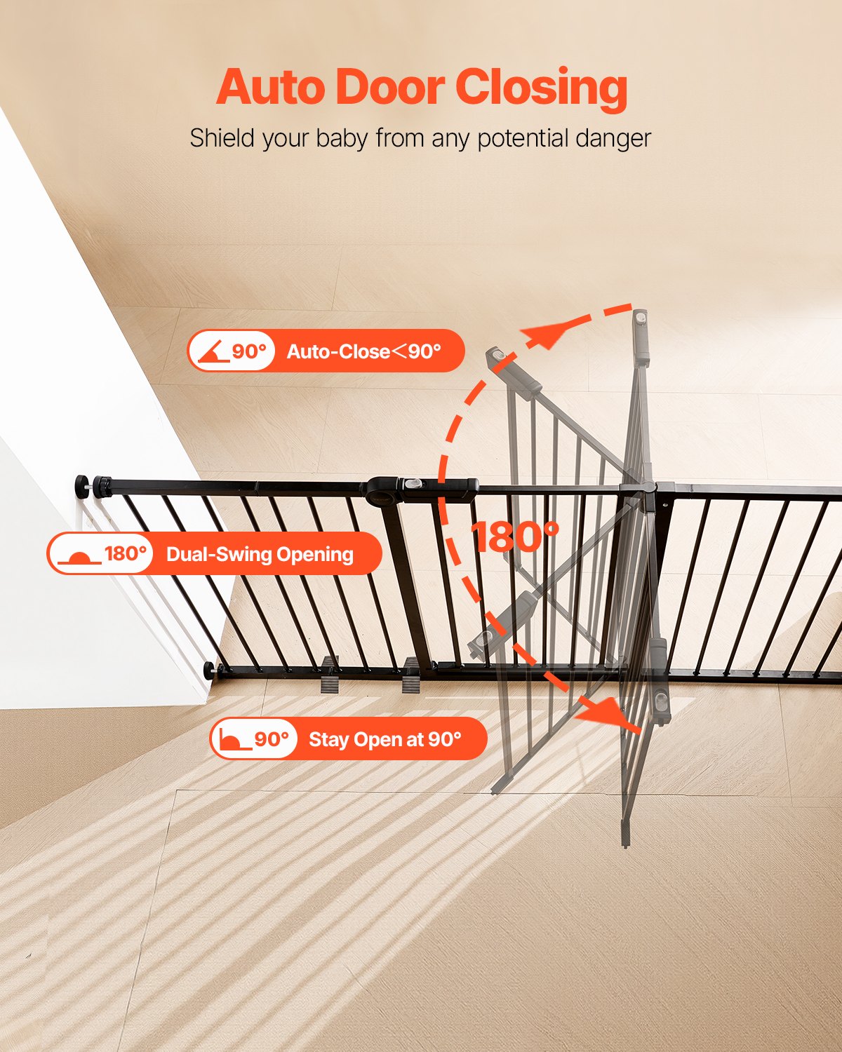 Baby Gate, 60.6-63.3 Inches Adjustable Width, 30 Inches High Dog Gate, Easy Step Walk Thru, for Child Pet Security, Pressure Mount Kit, Wall Cups, One-Hand Open, for Stairs and Doorways, Black