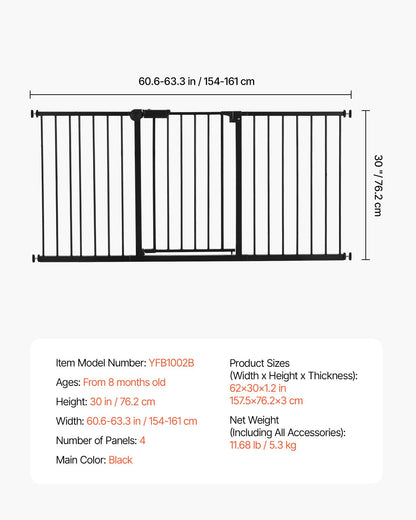 Baby Gate, 60.6-63.3 Inches Adjustable Width, 30 Inches High Dog Gate, Easy Step Walk Thru, for Child Pet Security, Pressure Mount Kit, Wall Cups, One-Hand Open, for Stairs and Doorways, Black