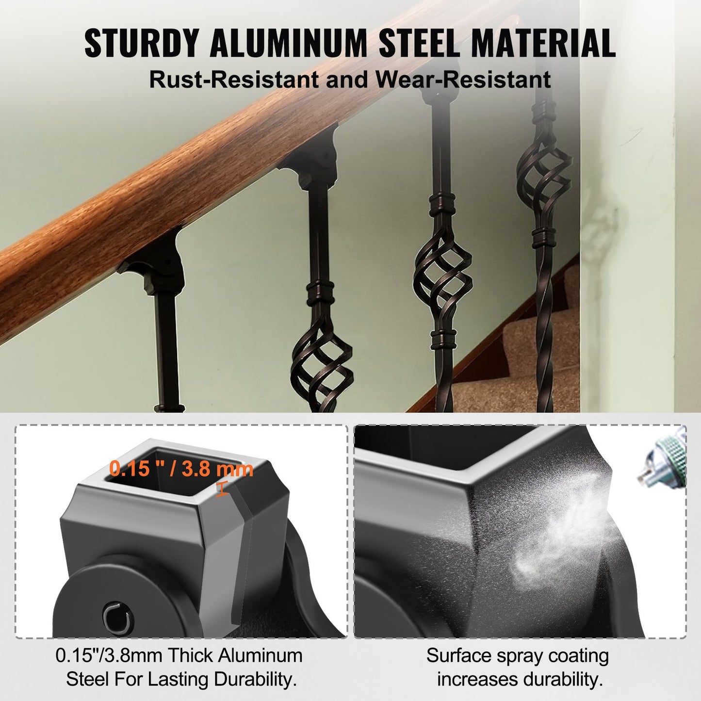 Aluminiumlegering Baluster Skor Fyrkantiga Balusters Baluster Smidesspindlar för trappor Sned Shoes med skruvhål för användning med 1/2 tums trappan Balusters, Spray Coated Black (50 st)