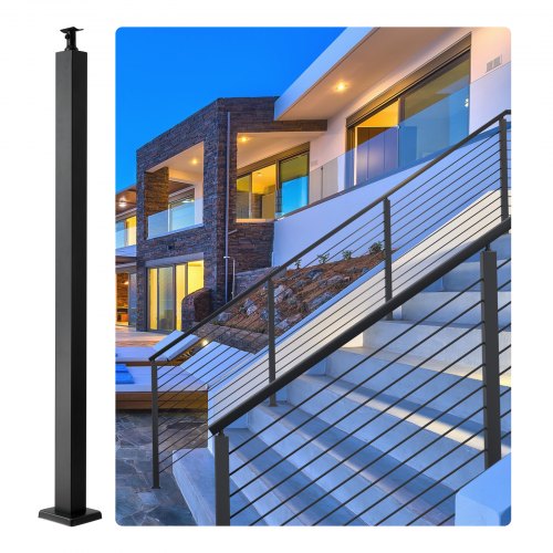 Cable Railing Post, 42" x 2" x 2" Steel Level Deck Railing Post Without Holes, SUS304 Stainless Steel Cable Rail Post, Stair Handrail Post with Horizontal and Curved Bracket, 1-Pack, Black