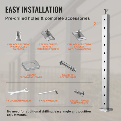 Cable Railing Post 36x1x2in Horizontal Hole Deck Railing Post Silver 1Pack