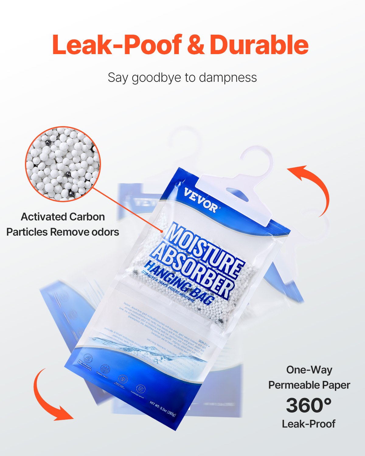 Hanging Moisture Absorber, 9.3 oz Hanging Closet Dehumidifier Bags(10 Packs), Fragrance Free Moisture Bags in Wardrobes, Bedrooms, Bathrooms