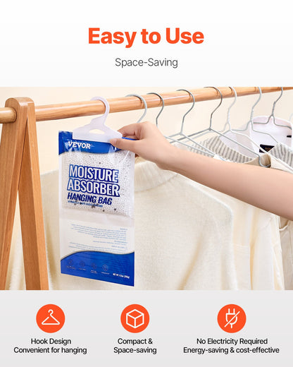 Hanging Moisture Absorber, 9.3 oz Hanging Closet Dehumidifier Bags(10 Packs), Fragrance Free Moisture Bags in Wardrobes, Bedrooms, Bathrooms