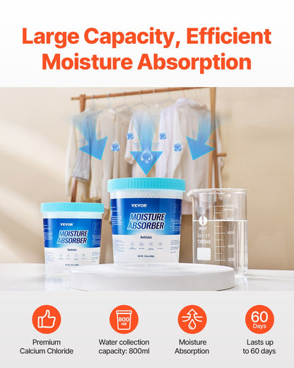 Moisture Absorber Bucket, 2 Packs 16.2 oz Hi-Capacity Moisture Absorber Bucket with 800ml Storage Area & Reusable Outer Bucket for Long-Term Use, Fragrance Free Moisture Absorber for Fresher Air