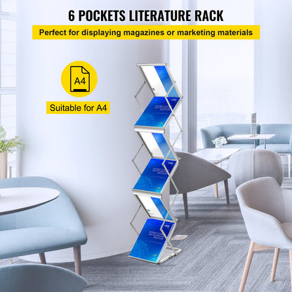 Foldable Magazine Display Rack, 6 Pockets Pop-Up Brochure Display Stand, Double-Sided Display Catalog Literature Holder Stand, Portable with Carrying Bag for Office Trade Show Exhibitions