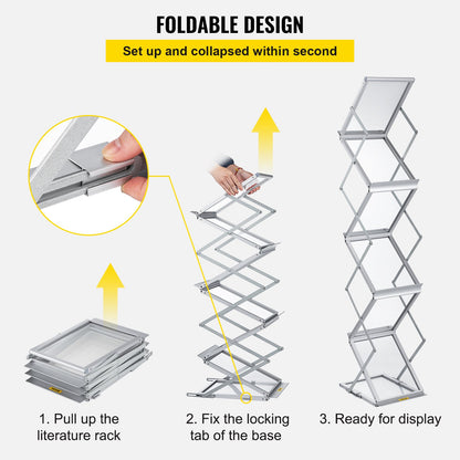 Foldable Magazine Display Rack, 6 Pockets Pop-Up Brochure Display Stand, Double-Sided Display Catalog Literature Holder Stand, Portable with Carrying Bag for Office Trade Show Exhibitions
