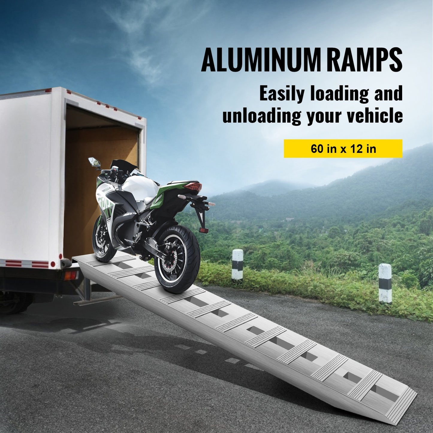 60\'\' X 12\'\' Aluminum Trailer Ramps 6000LBS Total Beavertail Hook End 1 Pair 2 Ramps