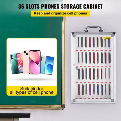 36 Slots Cell Phone Cabinet Silver Aluminum Alloy Pocket Chart Storage Locker Box with Portable Handle, Key Lock & Handwritten Tags, Wall Mounted for Classroom, Office, Gym