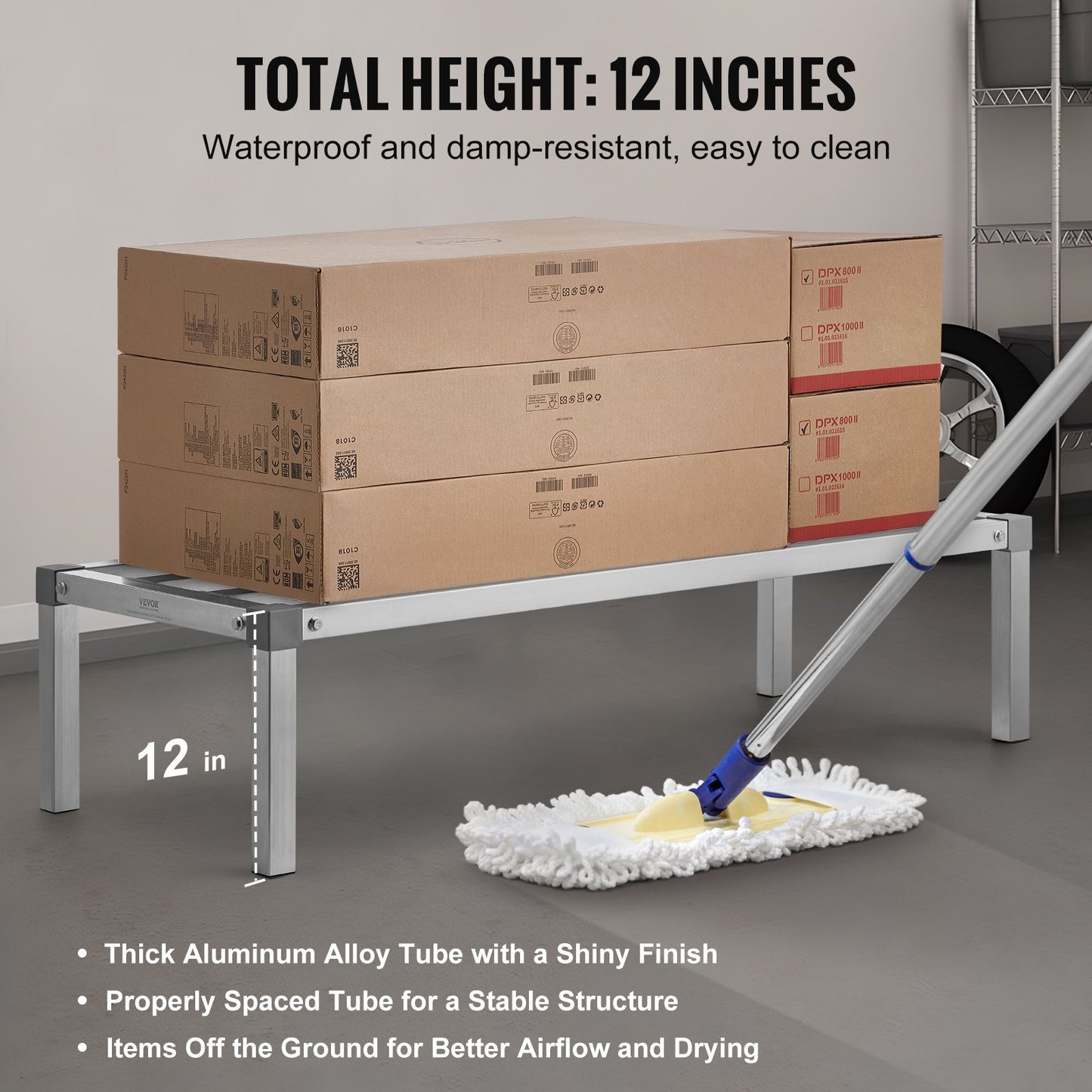 Aluminum Dunnage Rack, 48” x 20” Commercial Food Floor Rack, 12” Off the Floor, 1000 lbs Capacity All-Welded Aluminum Storage Rack, for Storage in Restaurants, Kitchens, Garages and Vehicles