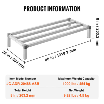 Aluminum Dunnage Rack, 48” x 20” Commercial Food Floor Rack, 8” Off the Floor, 1000 lbs Capacity All-Welded Aluminum Storage Rack, for Storage in Restaurants, Kitchens, Garages and Vehicles