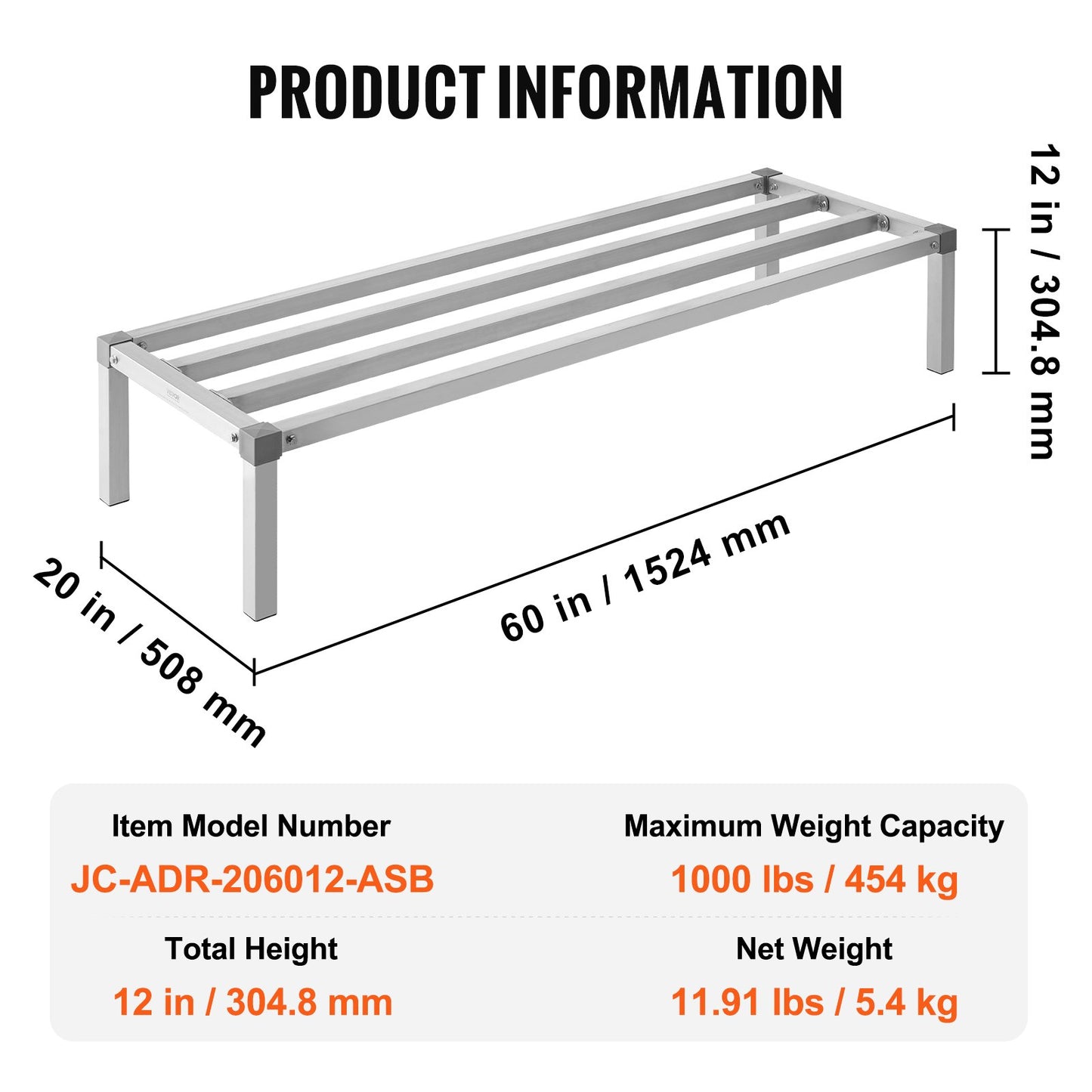 Aluminum Dunnage Rack, 60” x 20” Commercial Food Floor Rack, 12” Off the Floor, 1000 lbs Capacity All-Welded Aluminum Storage Rack, for Storage in Restaurants, Kitchens, Garages and Vehicles